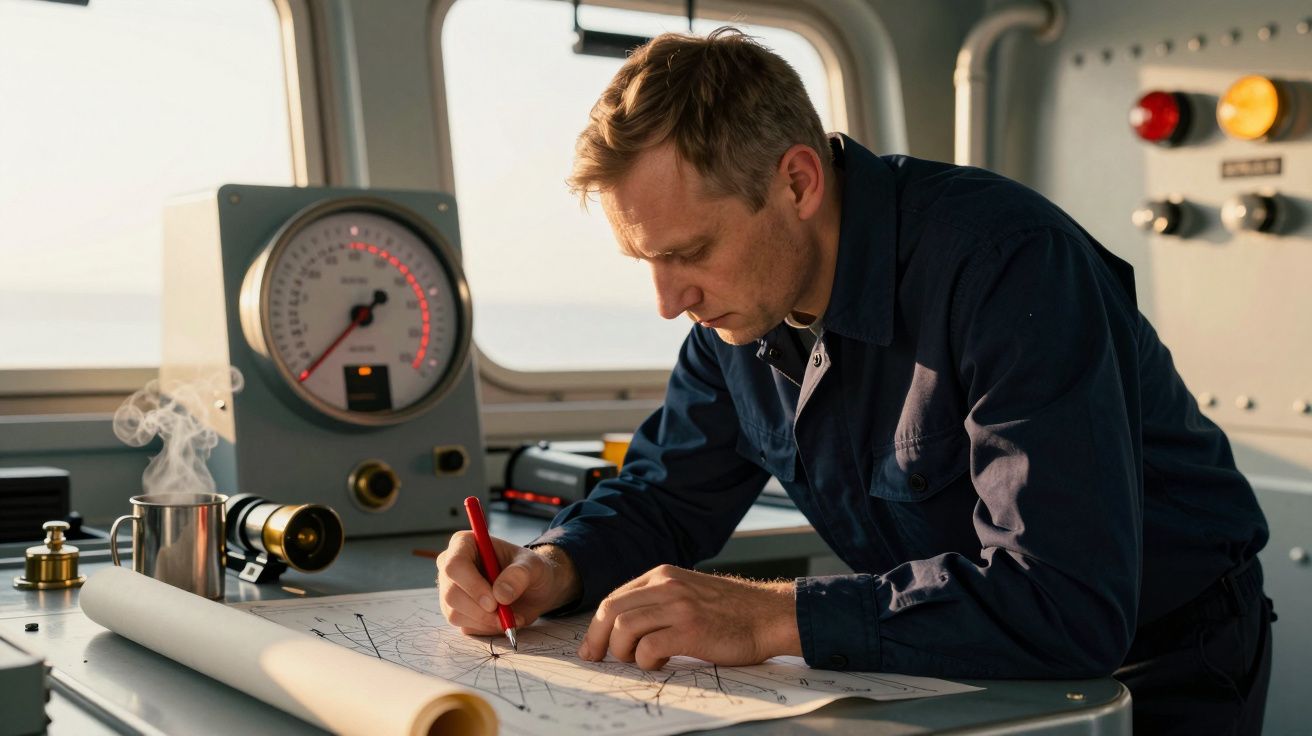 Homem concentrado a marcar um mapa náutico numa sala de controlo, com uma chávena fumegante ao lado.