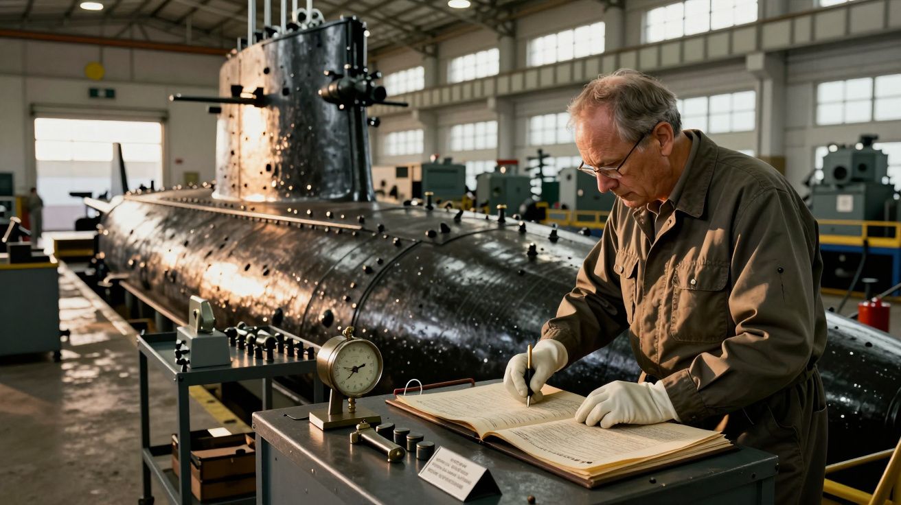 Homem idoso analisa livro antigo em frente a réplica de submarino num armazém iluminado.