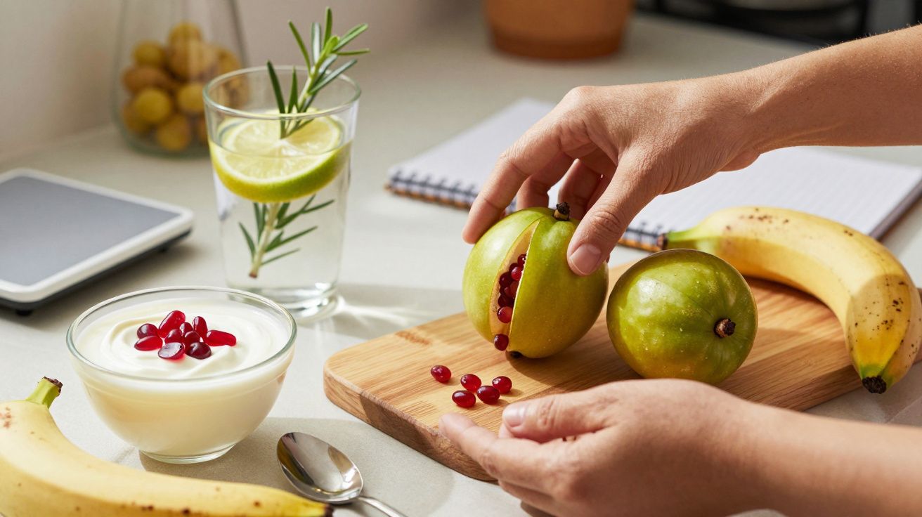 Mãos a abrir uma romã sobre tábua com bananas, iogurte com sementes e copo com limão e alecrim na mesa.