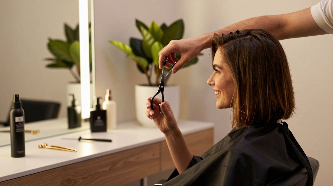 Mulher sorrindo enquanto cabeleireiro corta o cabelo.
