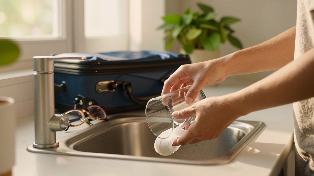 Mãos lavando um copo na pia, mala ao fundo, óculos e planta ao lado.