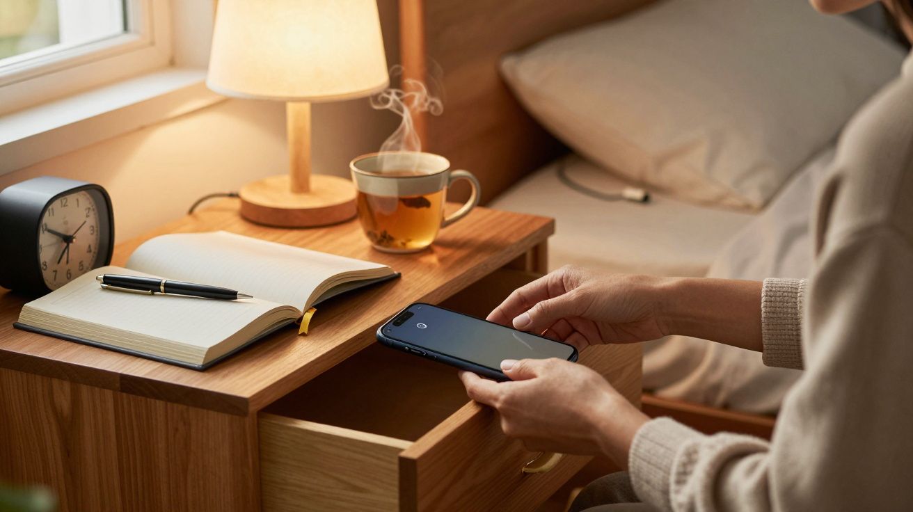 Pessoa guarda telemóvel na mesa de cabeceira com chá, livro, caneta e abajur aceso.
