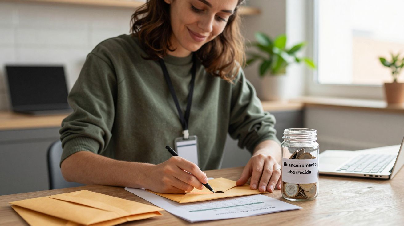 Mulher feliz a etiquetar envelopes em casa, ao lado de um frasco com moedas e um portátil, numa secretária.