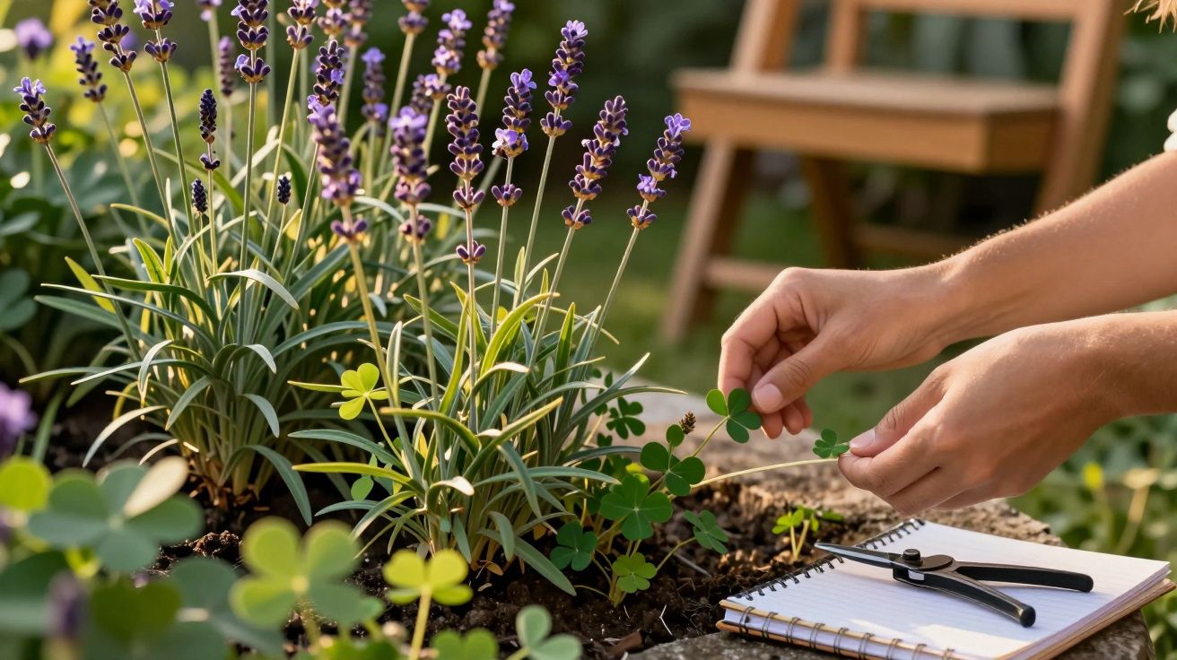 Pessoa cuidando de lavanda num jardim, com caderno e tesoura sobre uma mesa.