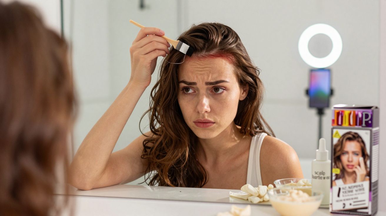 Mulher aplica tinta no cabelo em frente ao espelho, parecendo incerta. Produtos capilares e espelho com luz visíveis.