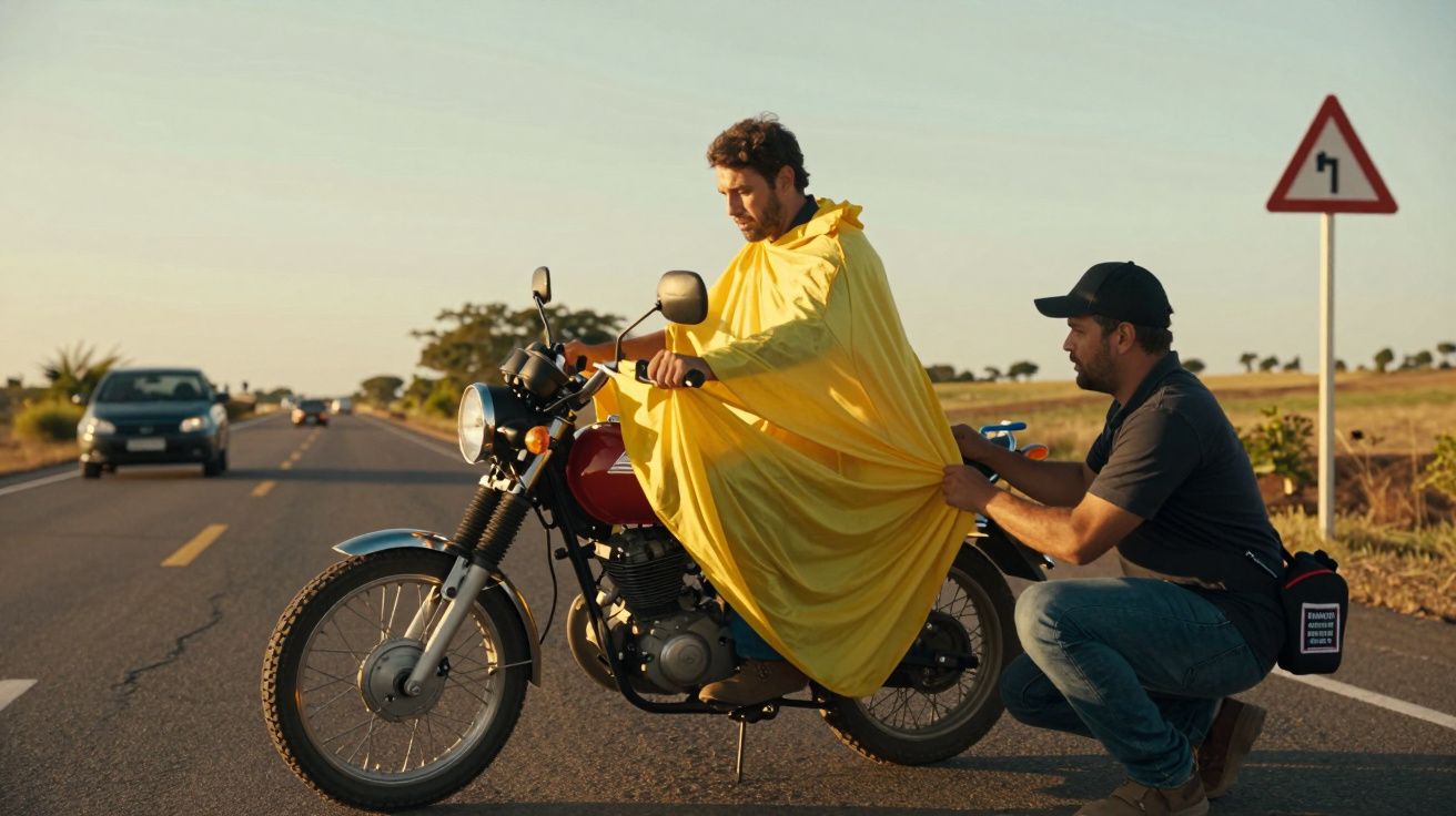 Homem numa mota com capa amarela, outro homem ajusta-a. Estrada deserta ao entardecer, sinal de curva à direita.