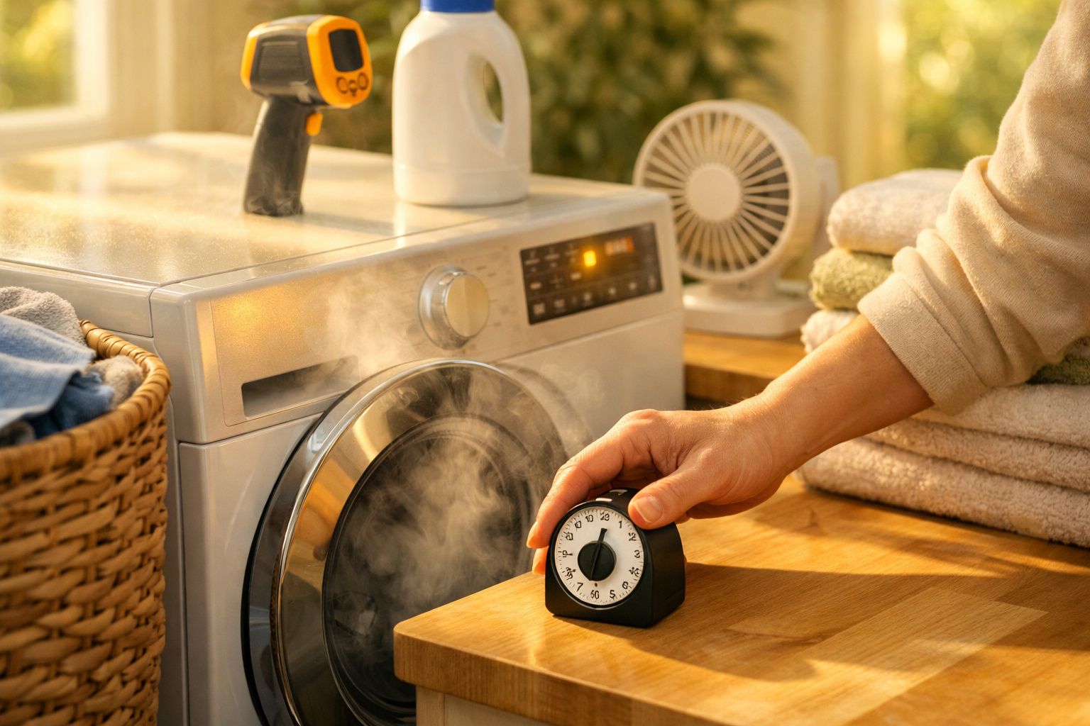 Mão ajusta temporizador junto a máquina de lavar roupa fumegante, com ventoinha e toalhas ao lado.