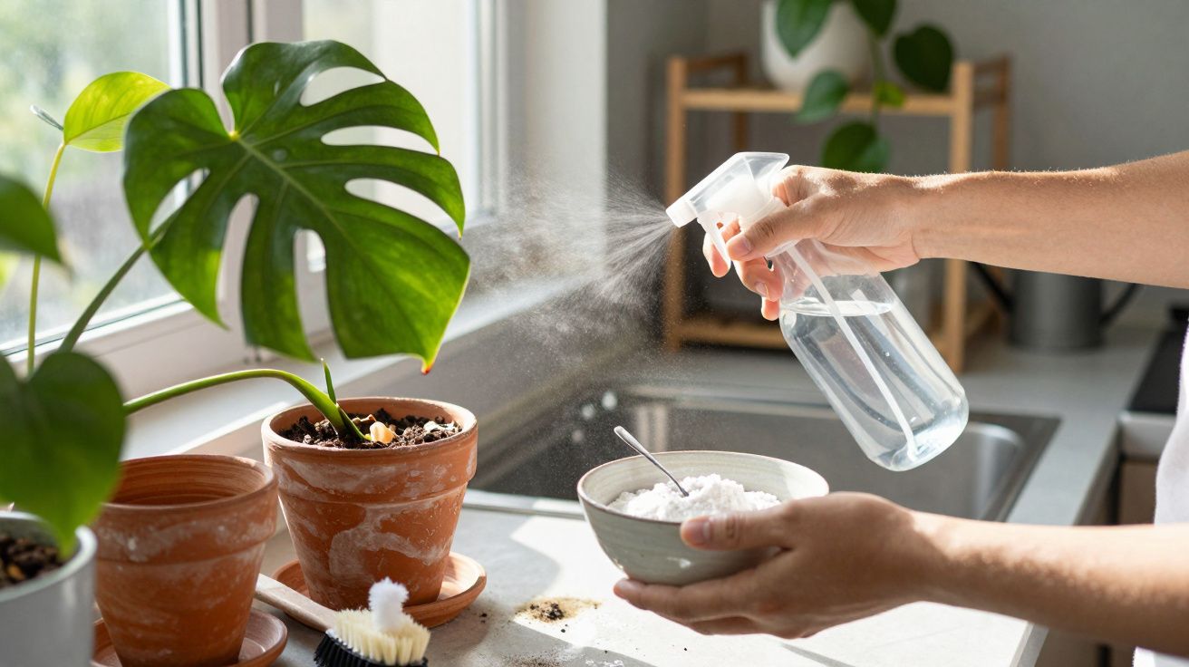 Pessoa a pulverizar uma planta junto a uma janela com borrifador de água e colher num recipiente.