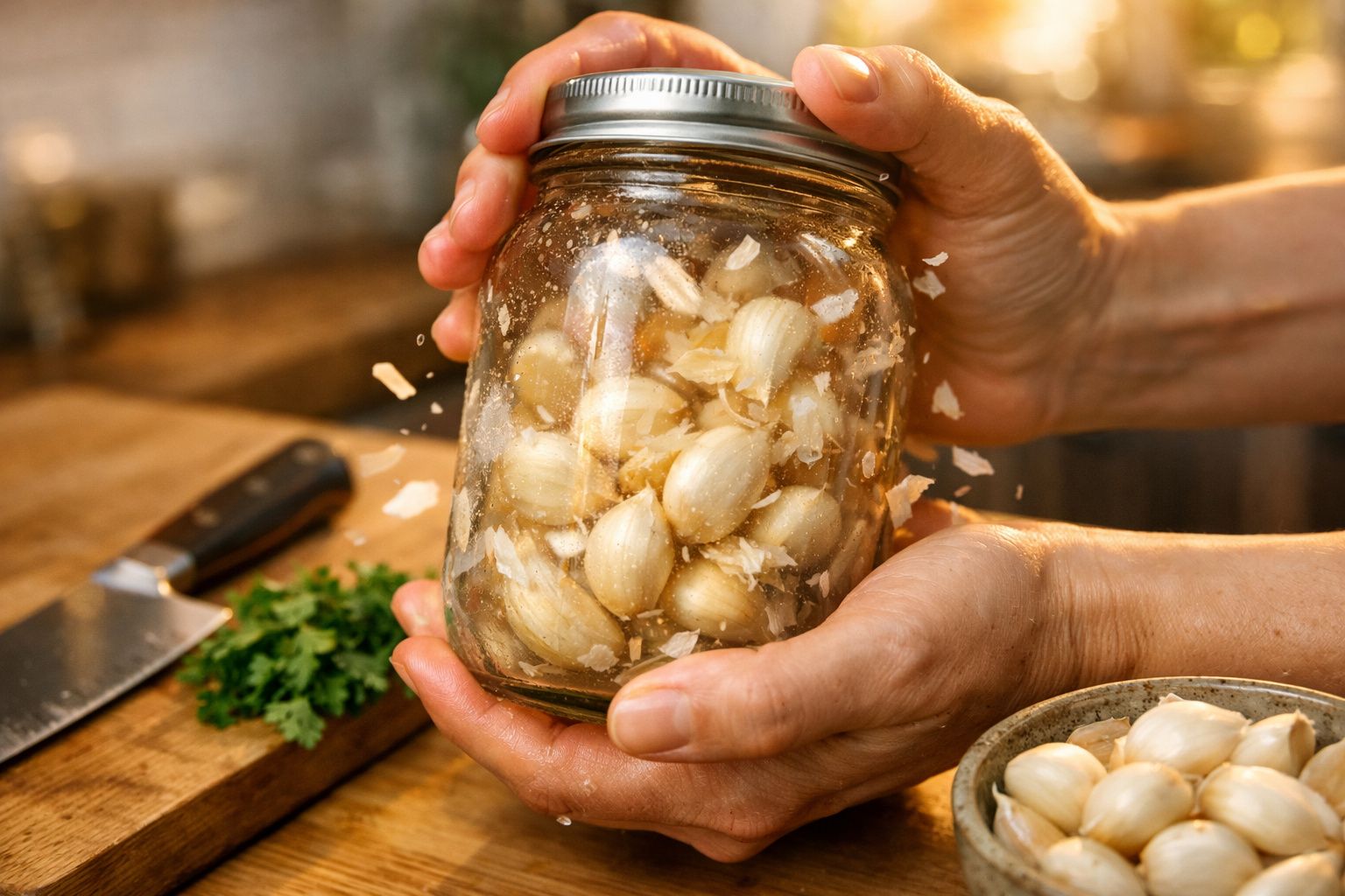 Mãos segurando frasco com dentes de alho descascados na cozinha, faca e salsa ao fundo.