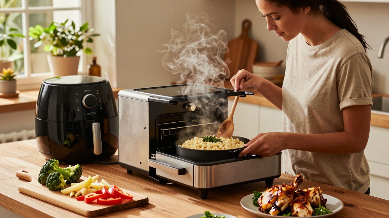 Mulher cozinha com fritadeira de ar e forno na cozinha, com ingredientes frescos na bancada.