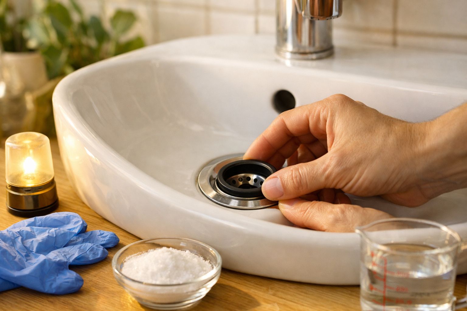 Mãos instalando um filtro numa ralo de chão, com ferramentas e luvas ao lado.