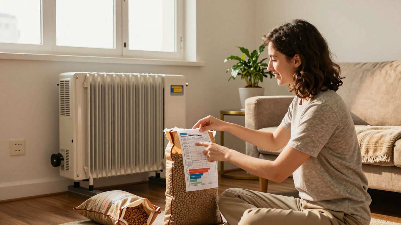 Mulher sentada no chão, verificando instruções ao lado de um aquecedor e sacos de pellets.