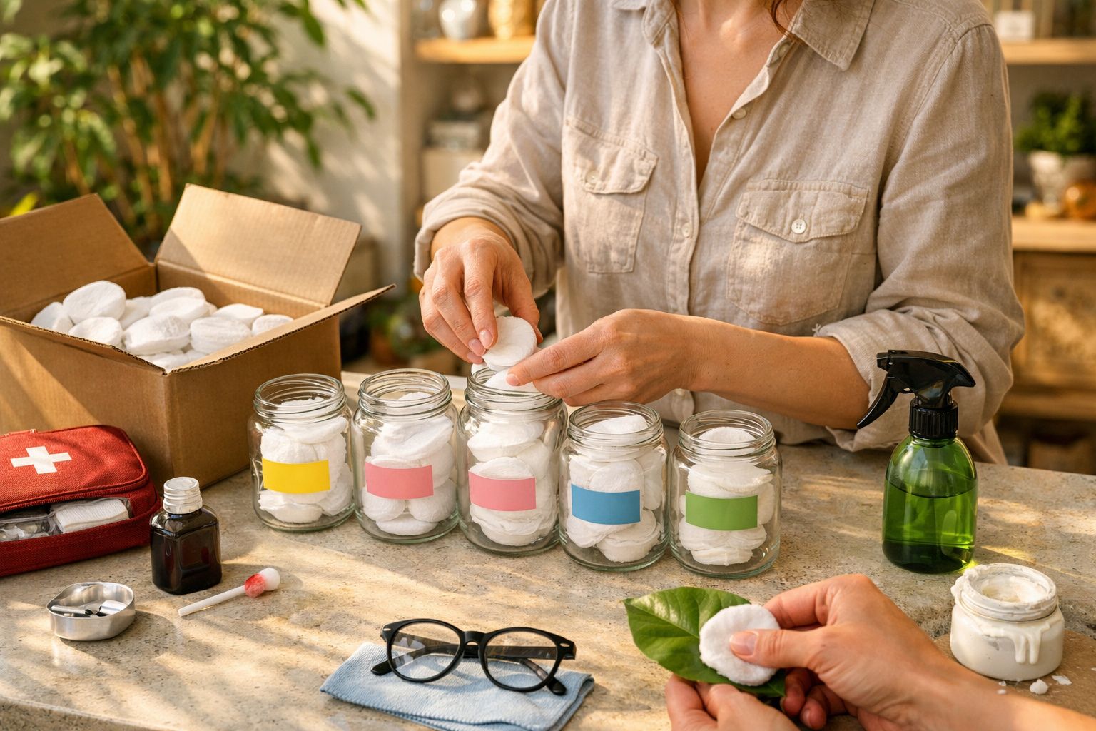 Pessoa limpa um telemóvel com algodão, rodeada de discos e caixas de armazenagem numa bancada iluminada.