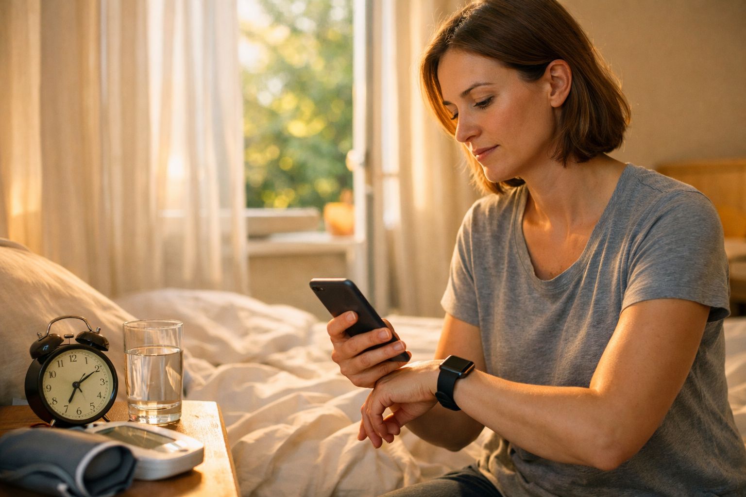 Mulher sentada numa cama a olhar para o telemóvel, com um despertador e um copo de água numa mesa ao lado.