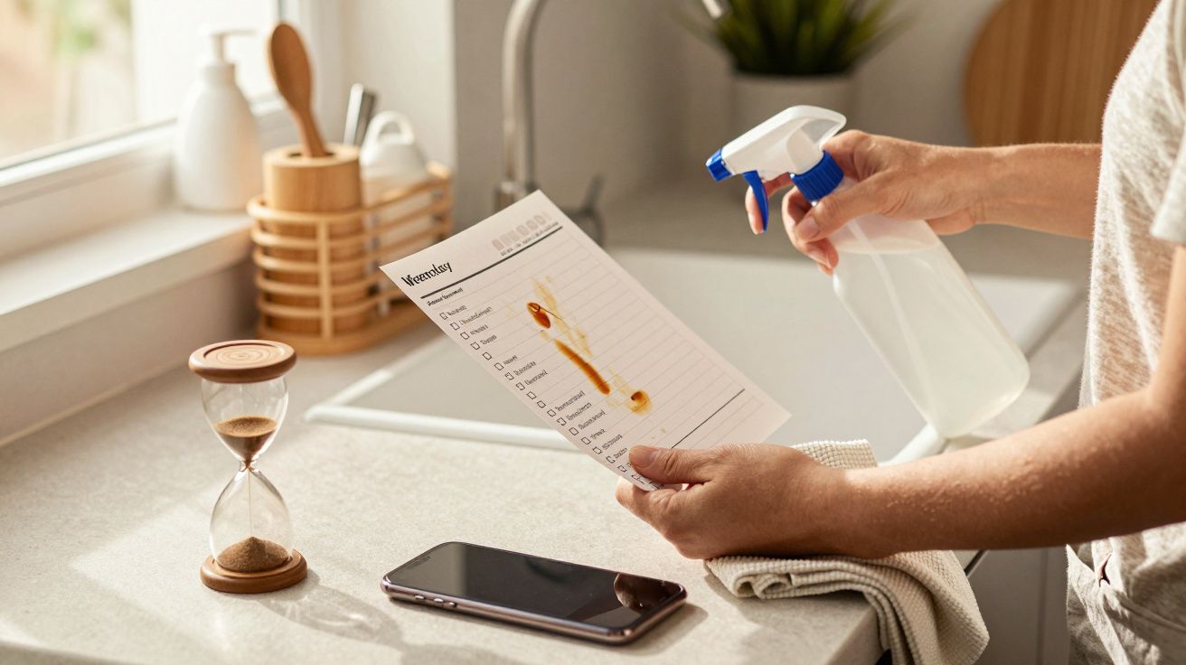 Pessoa segura uma garrafa de spray e uma lista suja na cozinha, com smartphone e ampulheta na bancada.