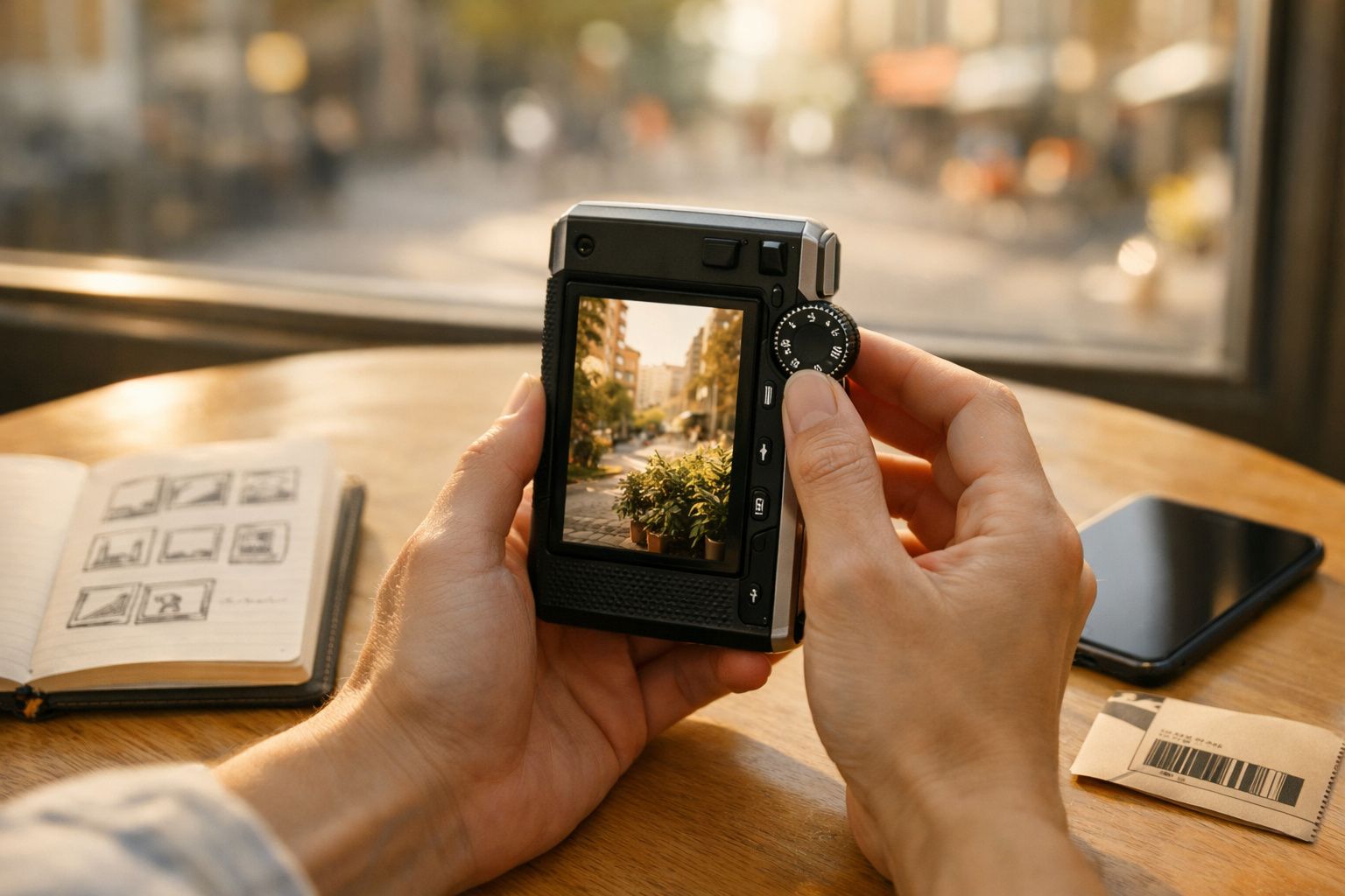 Pessoa segura uma câmera digital focando flores numa rua; há um caderno e um telemóvel sobre a mesa.