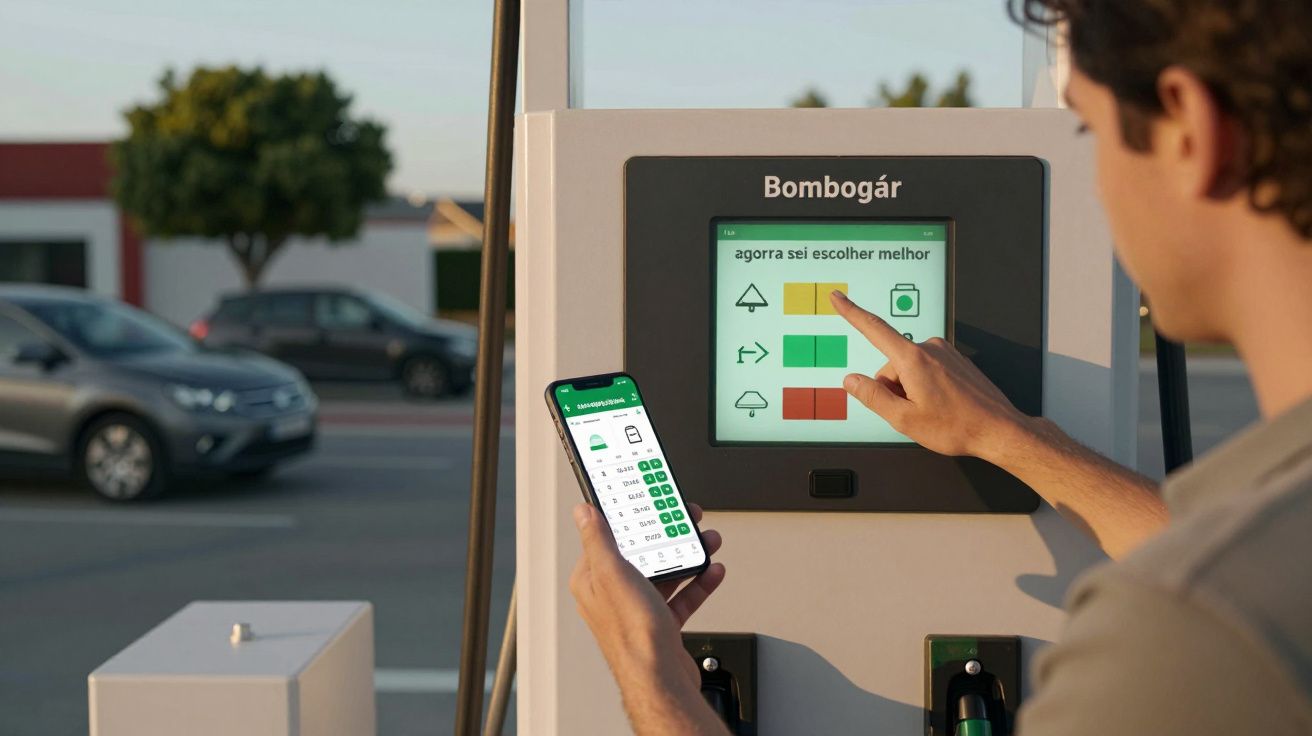 Homem usando telemóvel e touchscreen de uma bomba de combustível numa estação de serviço ao ar livre.
