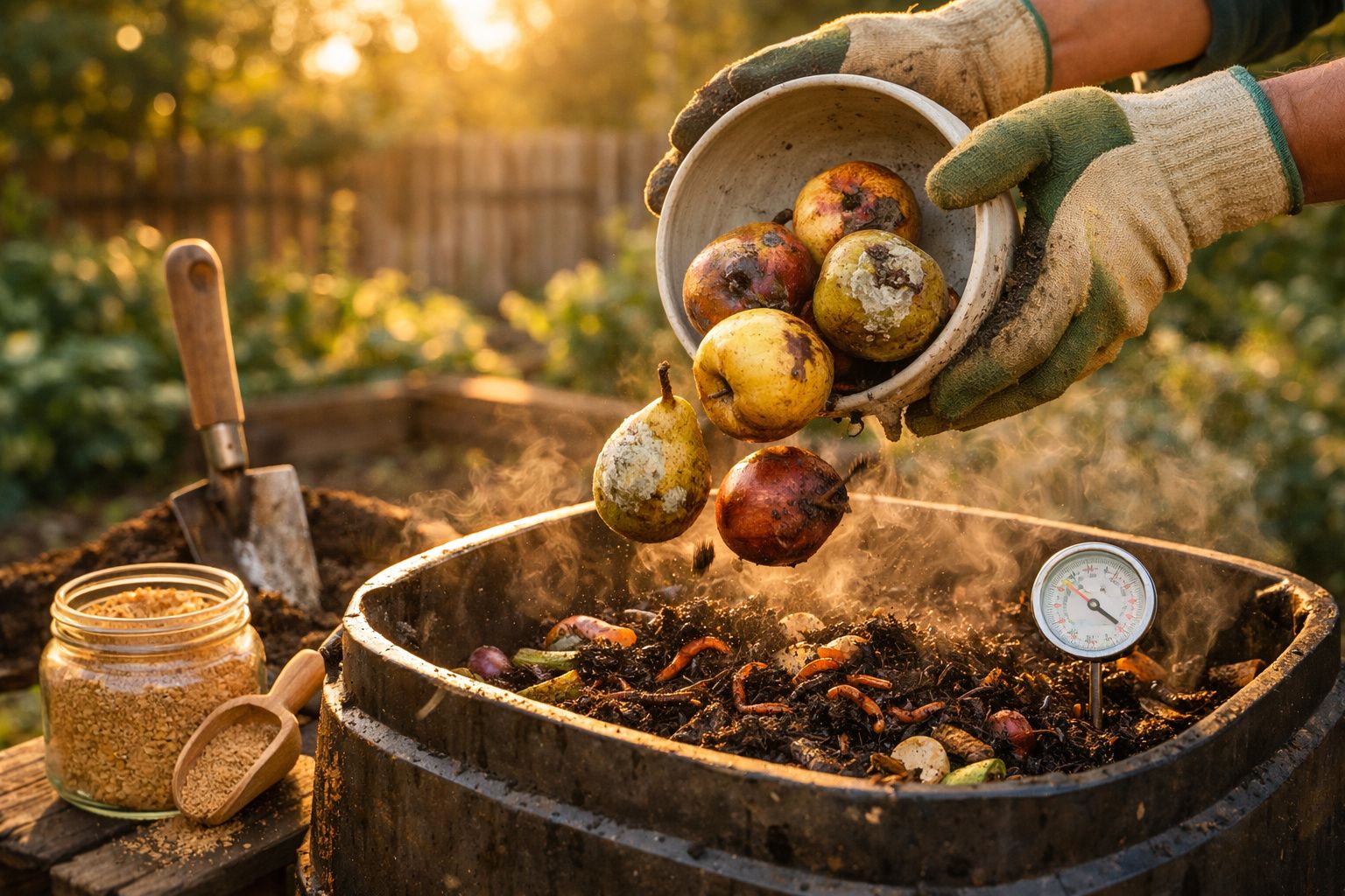 Mãos com luvas despejam frutas em decomposição num compostor ao ar livre, com termómetro e vegetais.