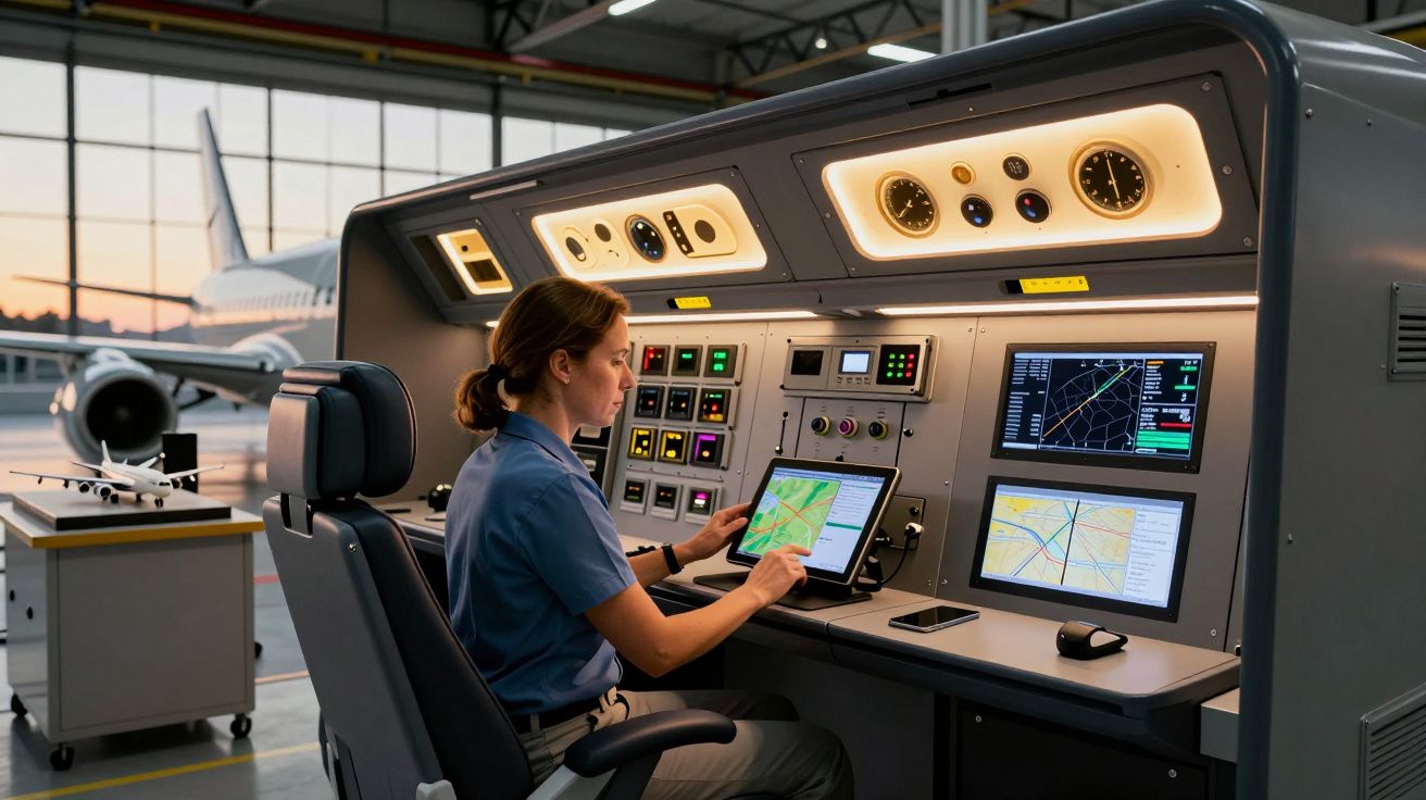Mulher operando painel de controlo numa sala de comando de aviação, com avião ao fundo.