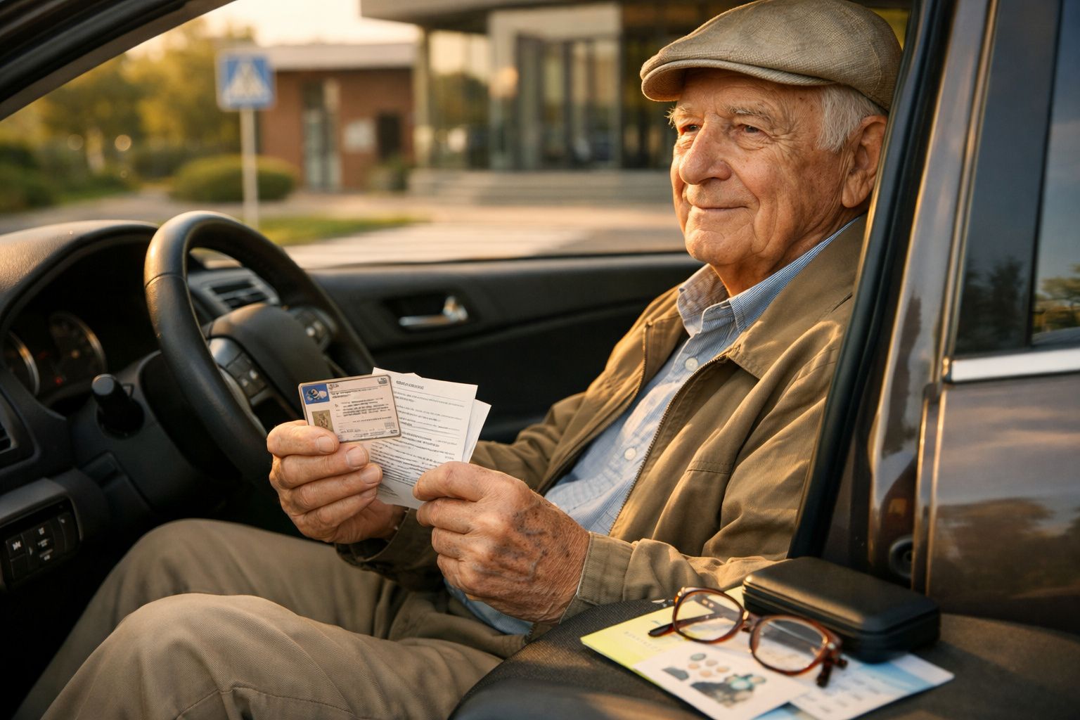 Idoso sentado no carro, segurando documentos na mão, com óculos e estojo ao lado.