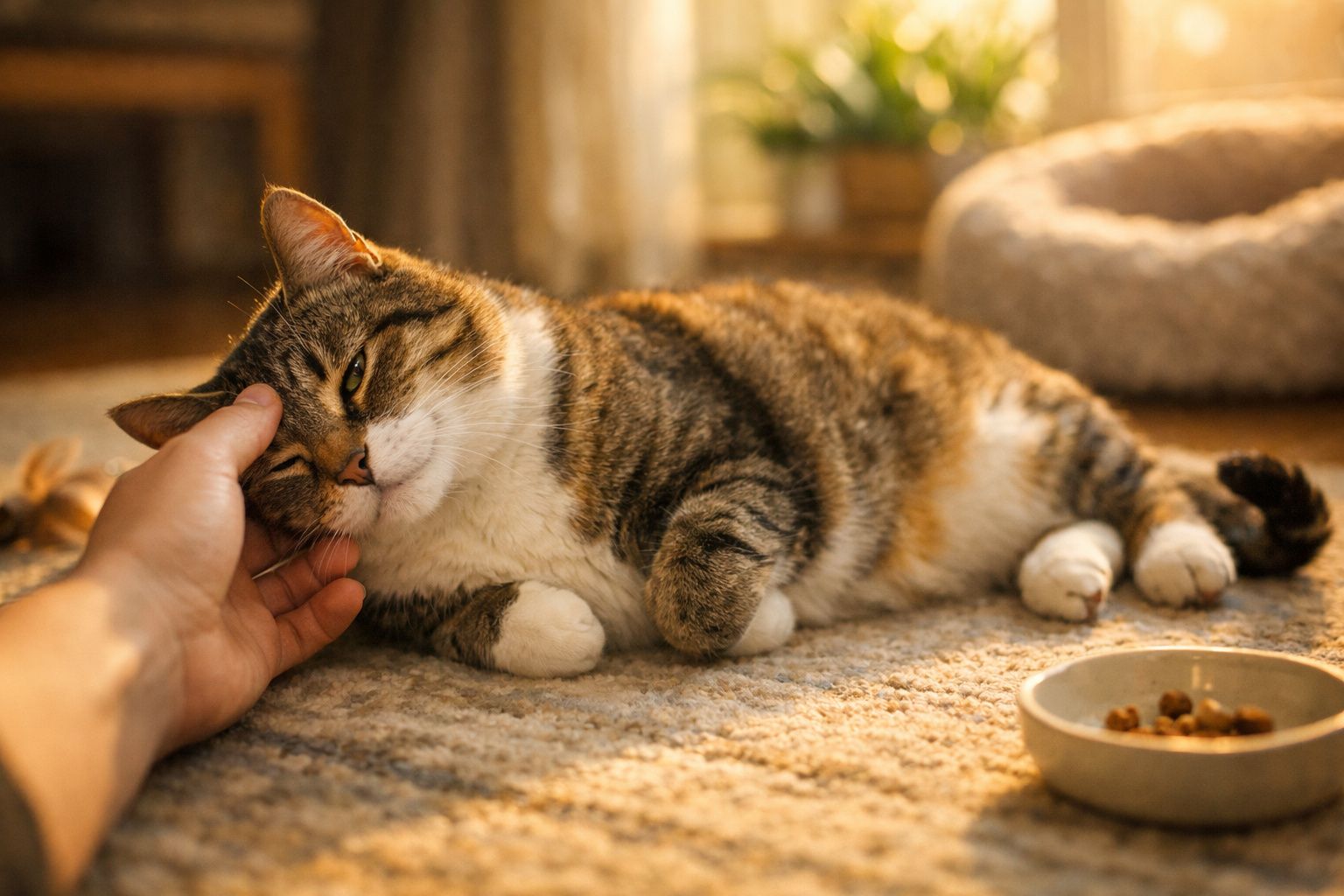 Gato laranja a relaxar num sofá, recebendo carinho de uma mão.