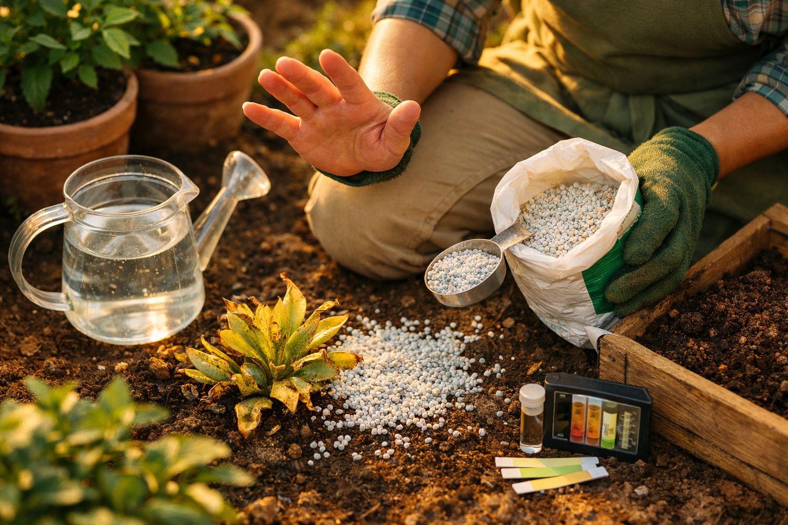 Pessoa aplica fertilizante em planta no jardim, com regador e kit de teste de solo ao lado.