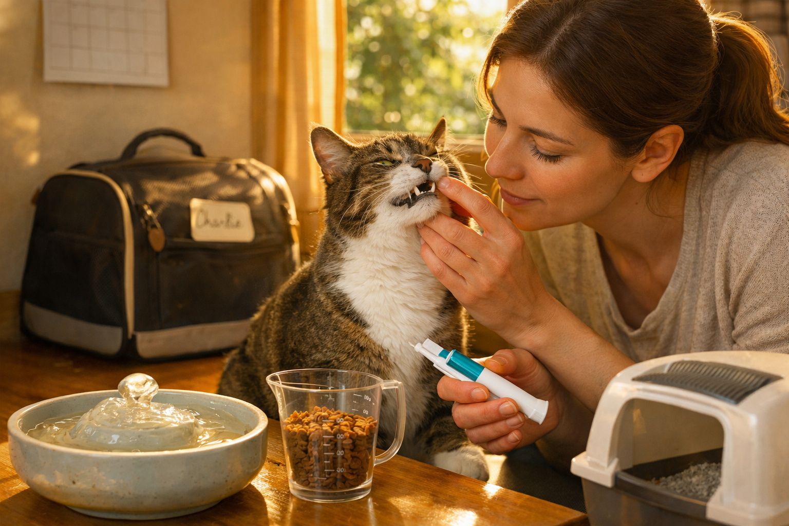Mulher a escovar os dentes de um gato em cima de uma mesa.