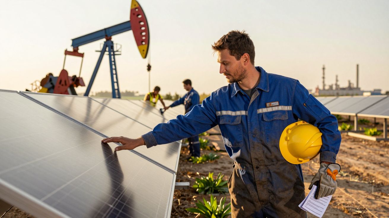 Homem verifica painéis solares com equipamento de petróleo ao fundo.