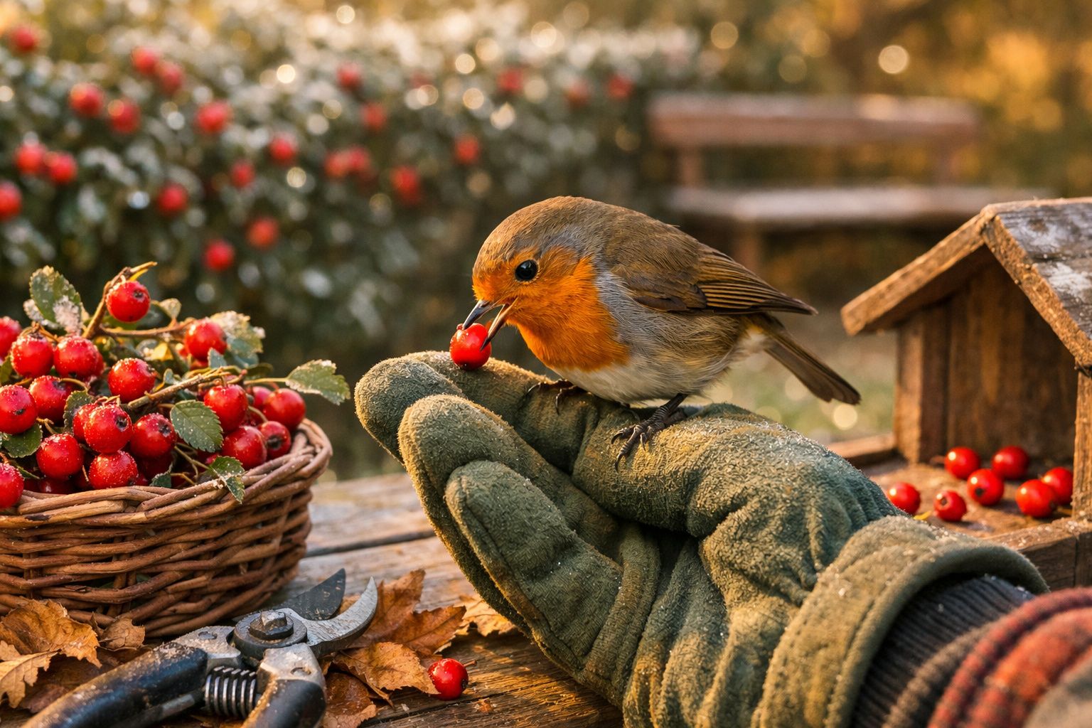 Pisco-de-peito-ruivo numa mão enluvada, segurando uma baga vermelha; cesto de bagas ao fundo.