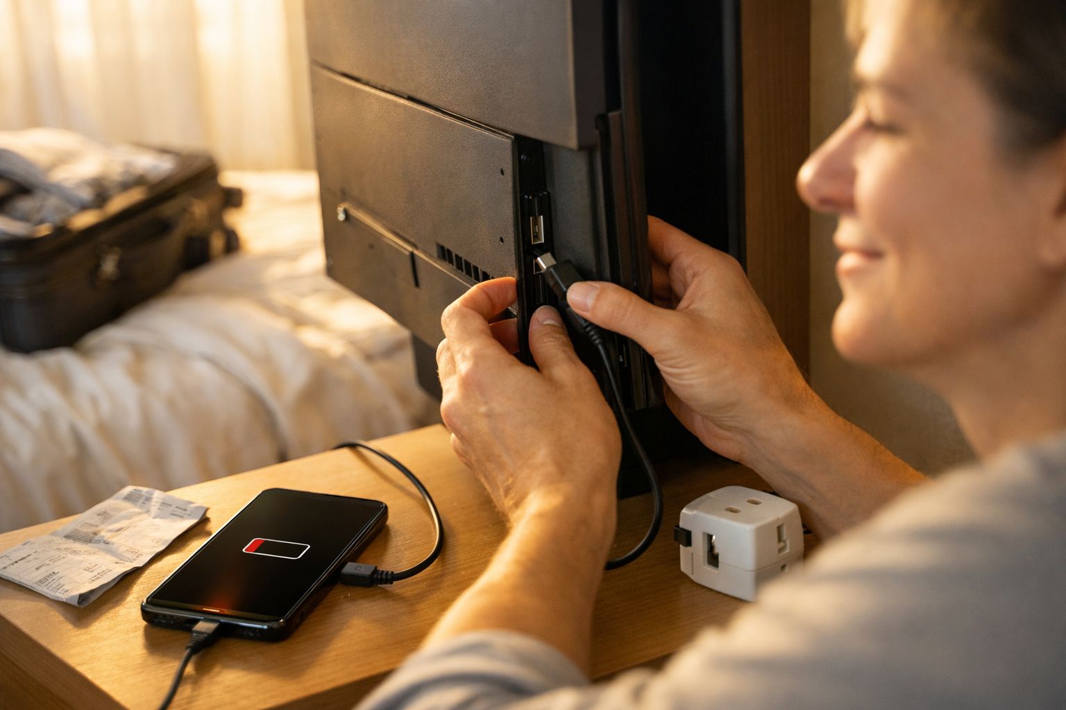 Mulher conecta cabo USB em televisor, carregando smartphone com pouca bateria em mesa de hotel.