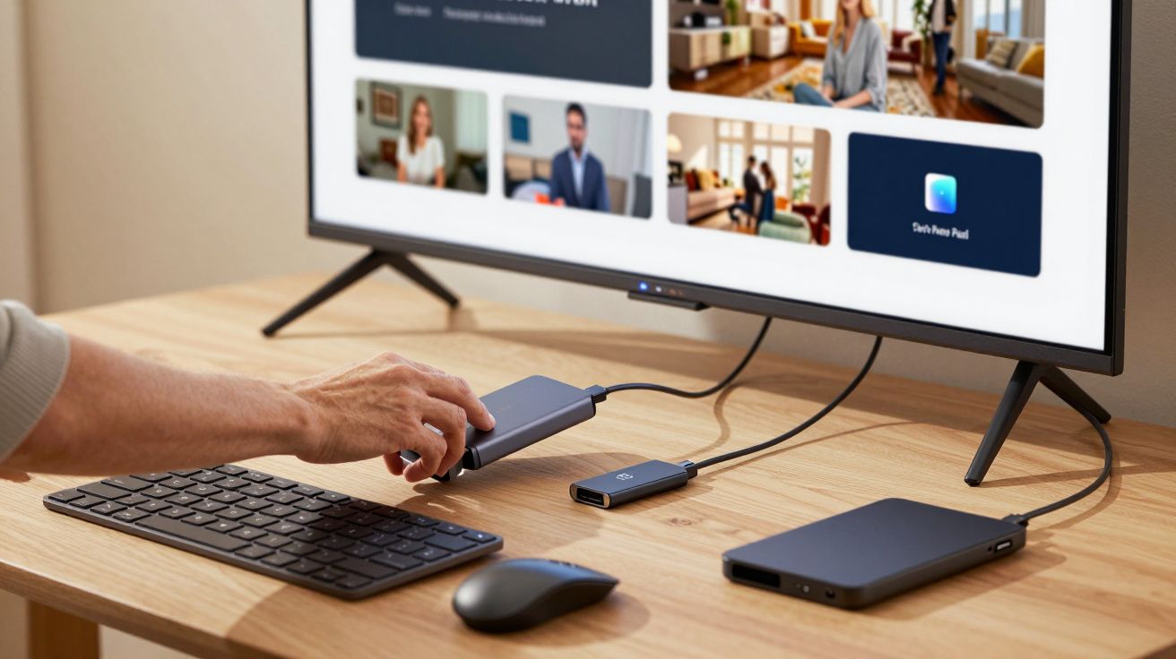 Pessoa usa teclado e rato numa secretária com monitor, ligado a dispositivos portáteis através de cabos USB.