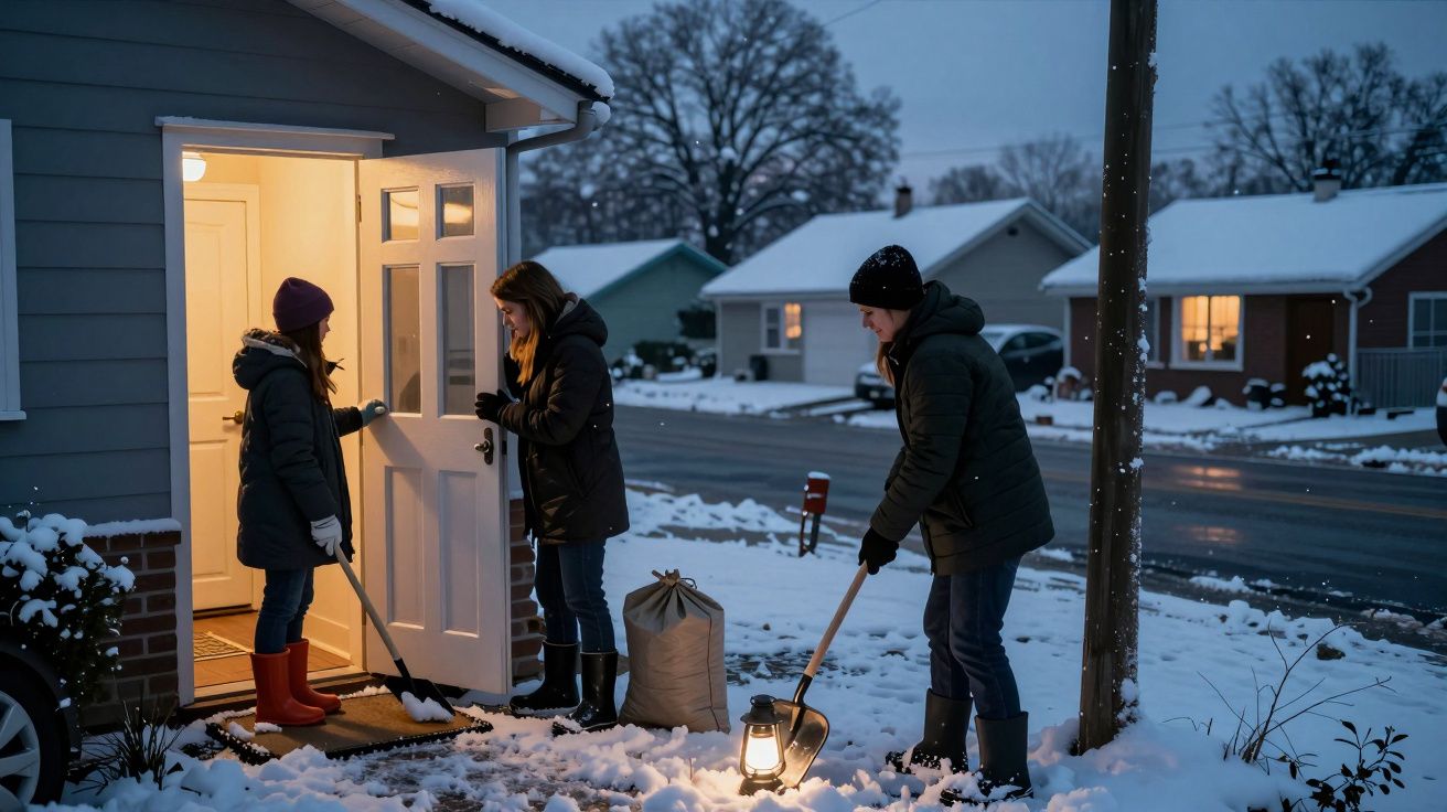 Três pessoas a remover neve à porta de casa à noite, uma delas de lanterna acesa.