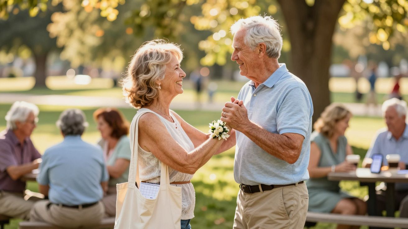 Casal idoso a dançar alegremente num parque, com outras pessoas sentadas ao fundo.