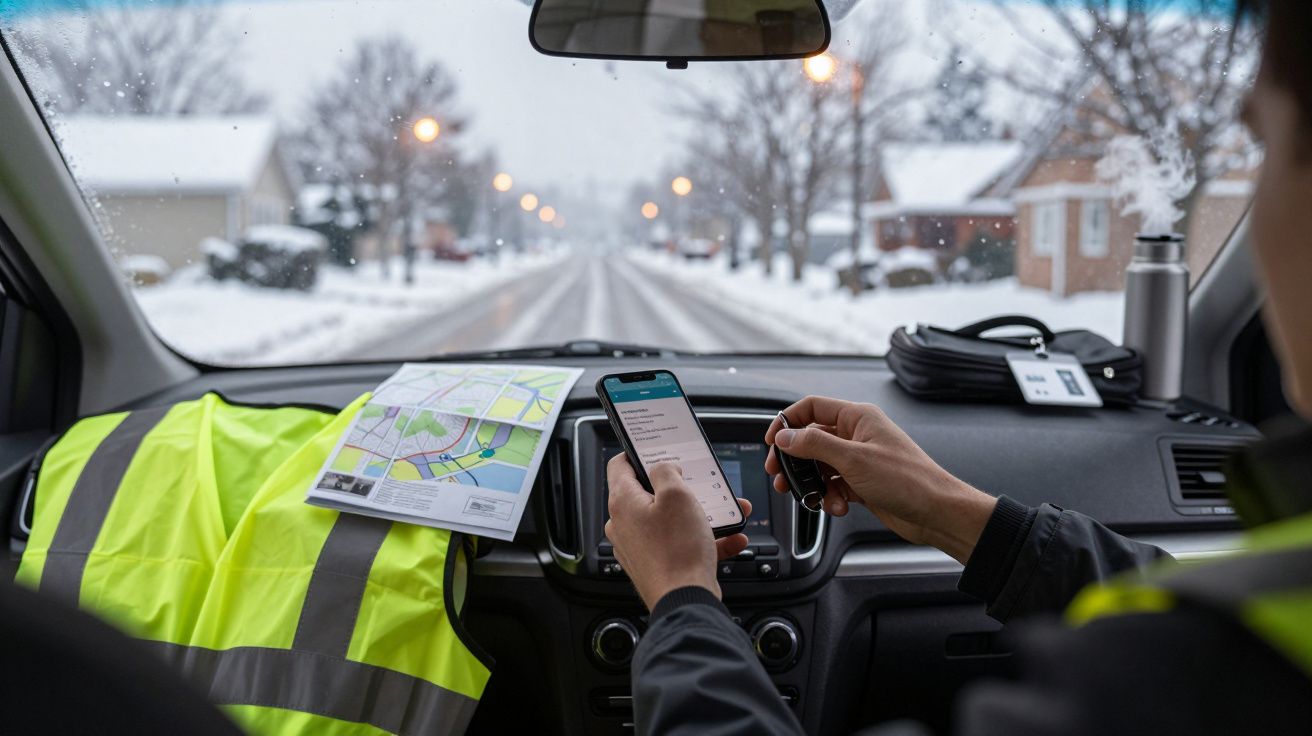 Condutor numa estrada nevada usa um telemóvel e uma chave no carro, com colete refletor e mapa no banco ao lado.