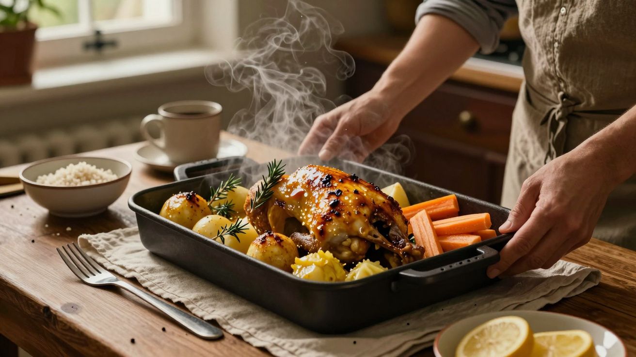 Pessoa a preparar frango assado com batatas e cenouras numa travessa, em cima de uma mesa de madeira.