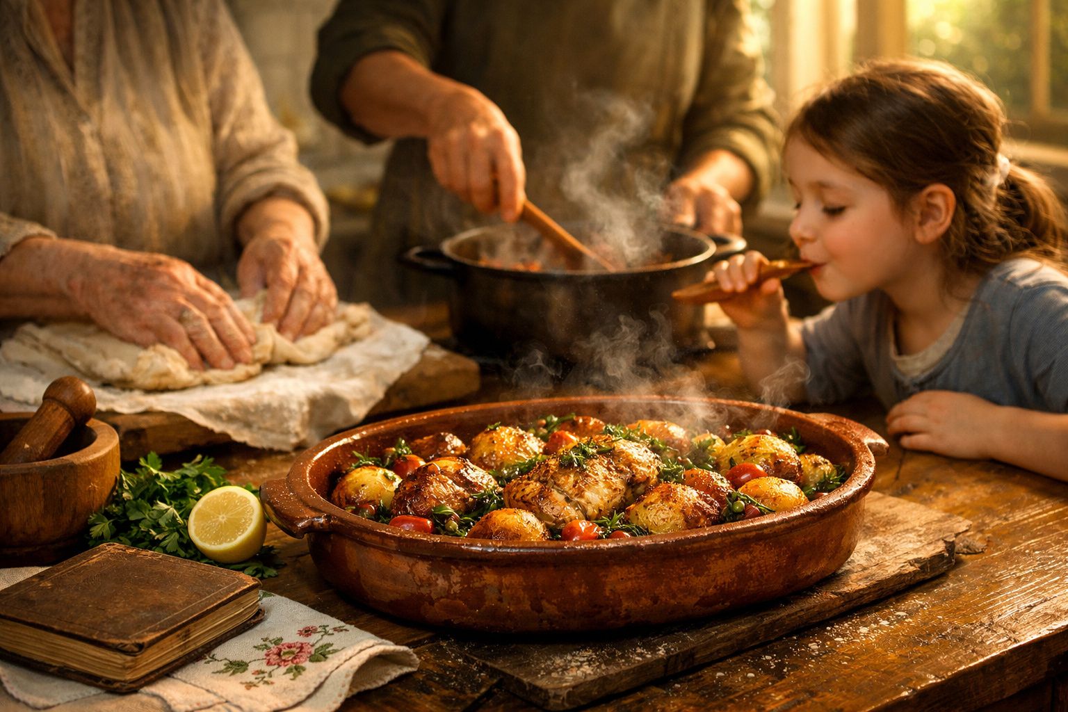 Criança a saborear sopa enquanto duas mãos preparam massa. Assado fumegante num prato rústico.