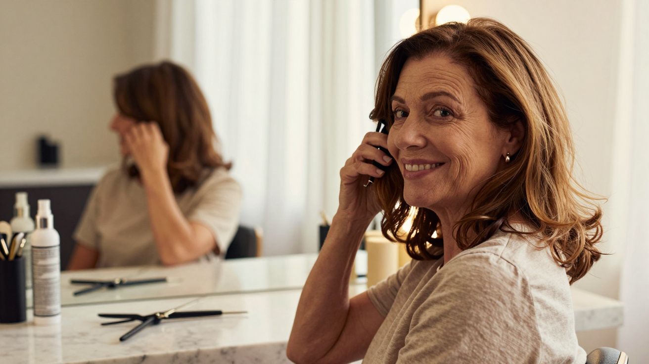 Mulher sorrindo ao espelho enquanto se maquilha, numa mesa com produtos de beleza e pincéis ao lado.