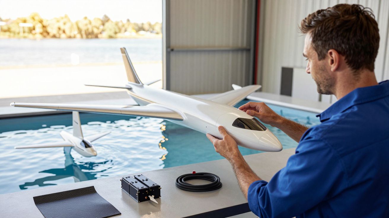 Homem examina modelo de avião junto a piscina com outro avião na água.