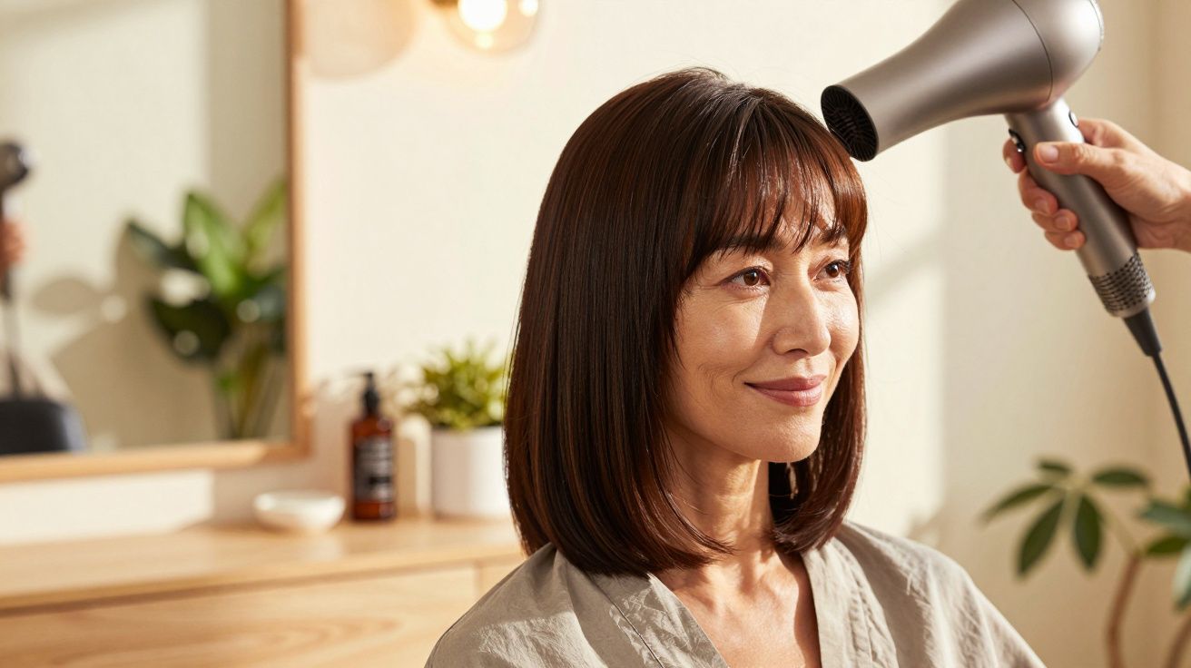 Mulher de cabelo castanho liso a ser seco com um secador num salão iluminado, com plantas ao fundo.