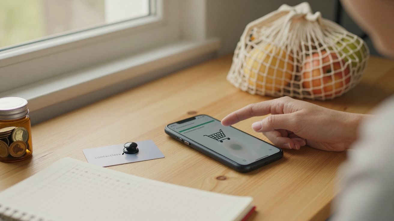 Pessoa usando smartphone com ícone de carrinho de compras; saco de frutas e frasco com moedas sobre a mesa ao lado.