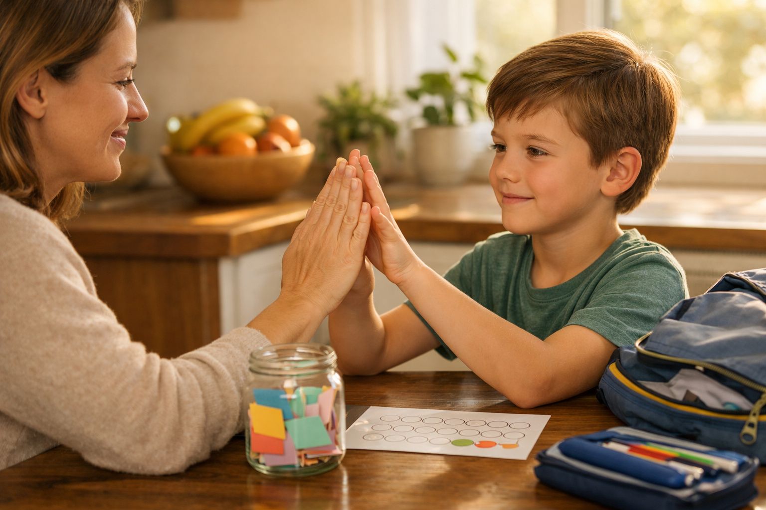 Mulher e criança jogam com as mãos na cozinha, felizes. Mesa com jarro de notas e papel. Fruta ao fundo.