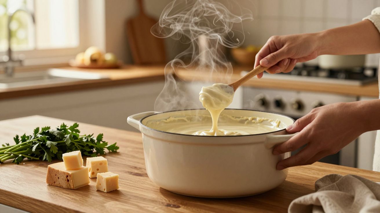 Pessoa mexe creme fumegante num tacho branco na cozinha; queijo e salsa ao lado.