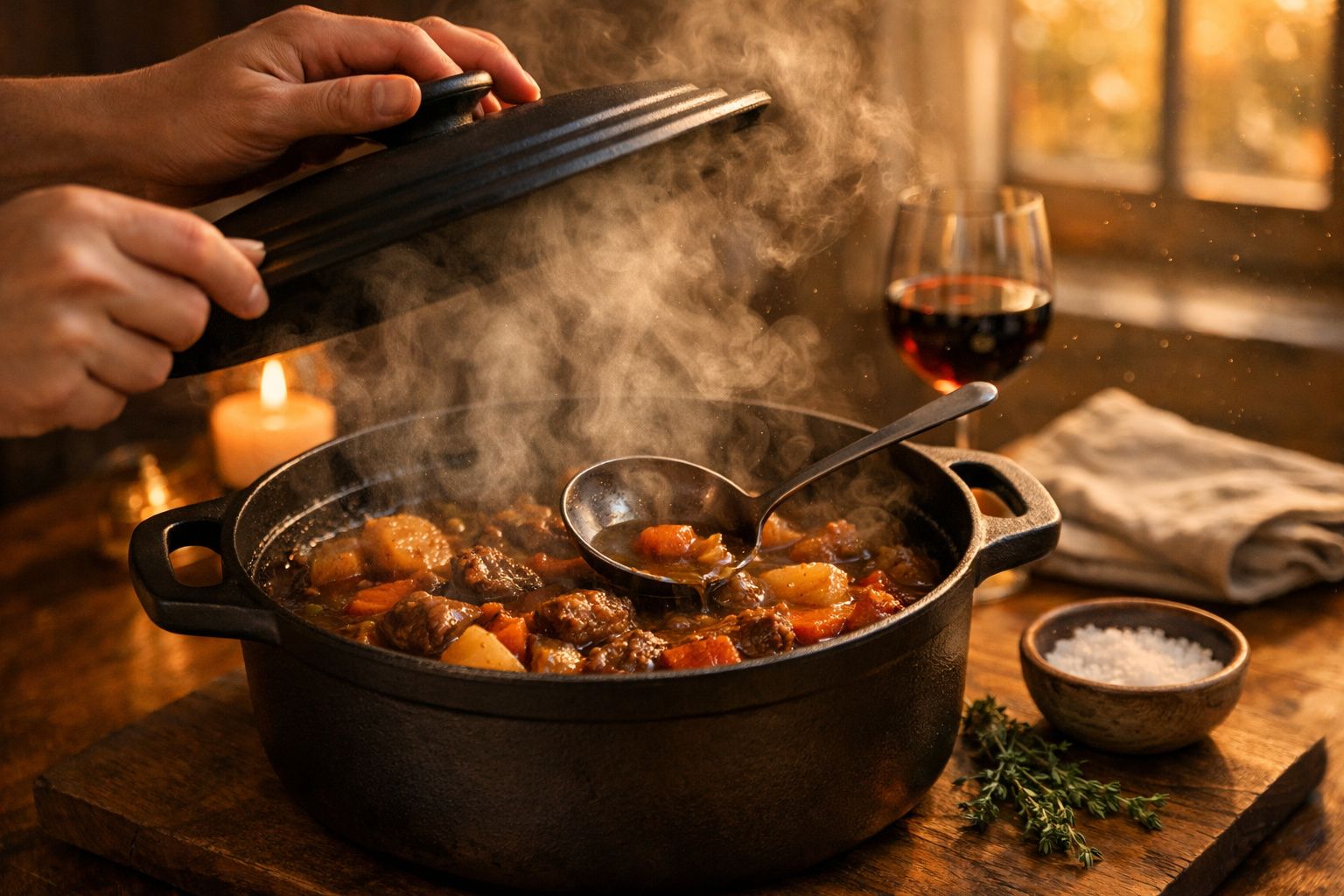Mãos destapando panela de ferro com ensopado a fumegar, acompanhado por um copo de vinho tinto e vela acesa ao fundo.