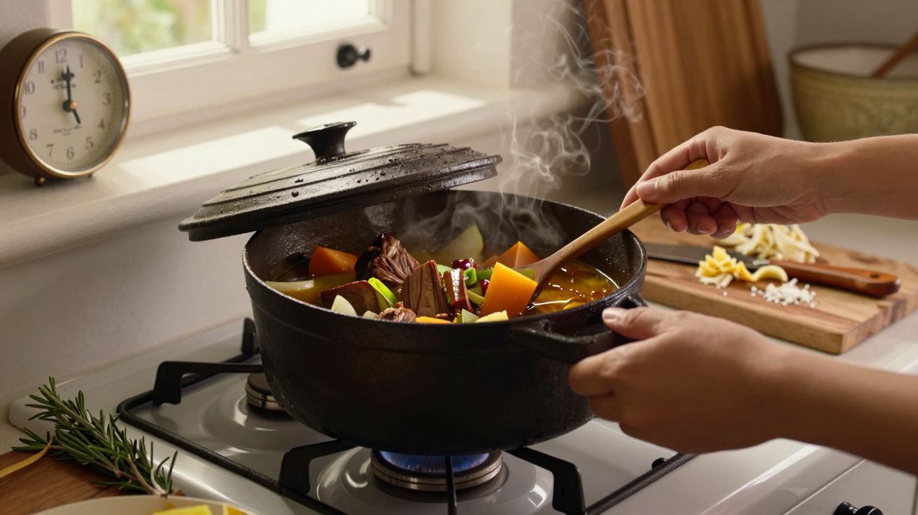 Pessoa a cozinhar ensopado numa panela preta sobre um fogão a gás, com legumes e carne a serem mexidos com uma colher.