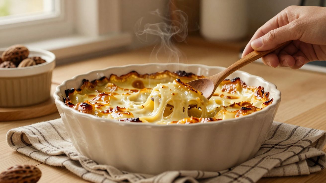 Mão segurando colher de madeira servindo lasanha quente e cremosa em travessa sobre toalha de pano na mesa.
