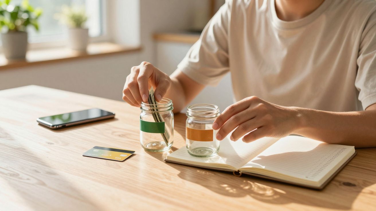 Pessoa coloca dinheiro em frascos rotulados, com um bloco de notas, telemóvel, e cartão sobre a mesa de madeira.