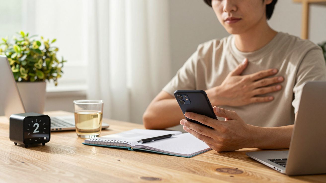Pessoa segurando um telemóvel, com a mão no peito, sentada à mesa com caderno, copo de água e computador portátil.