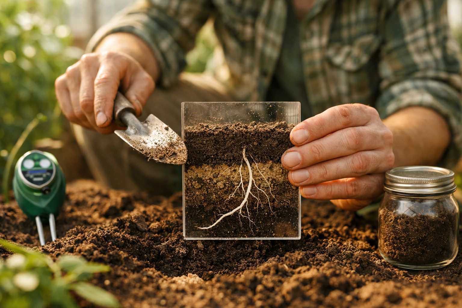 Mão cuida de planta numa horta, com lupa e vaso ao lado, sob luz suave.