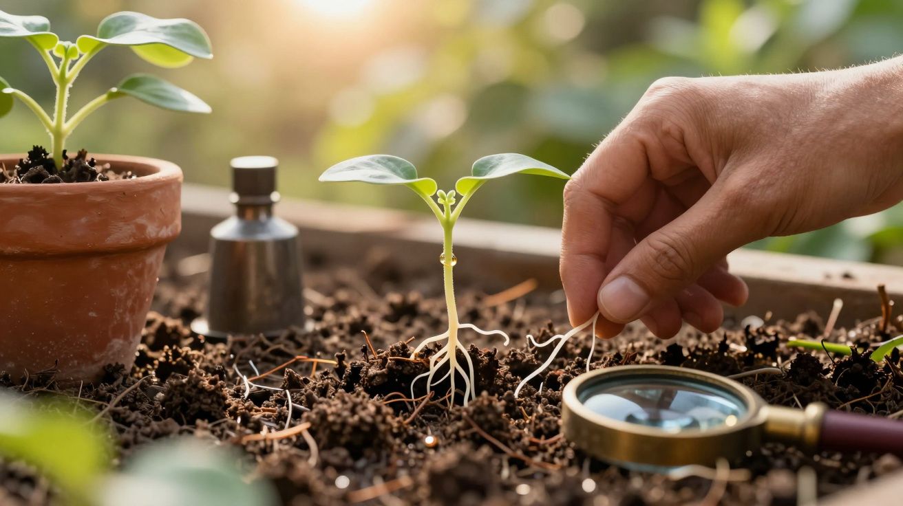 Mão a cuidar de uma muda de planta no solo, com lupa e vaso de terracota ao redor, luz solar suave ao fundo.