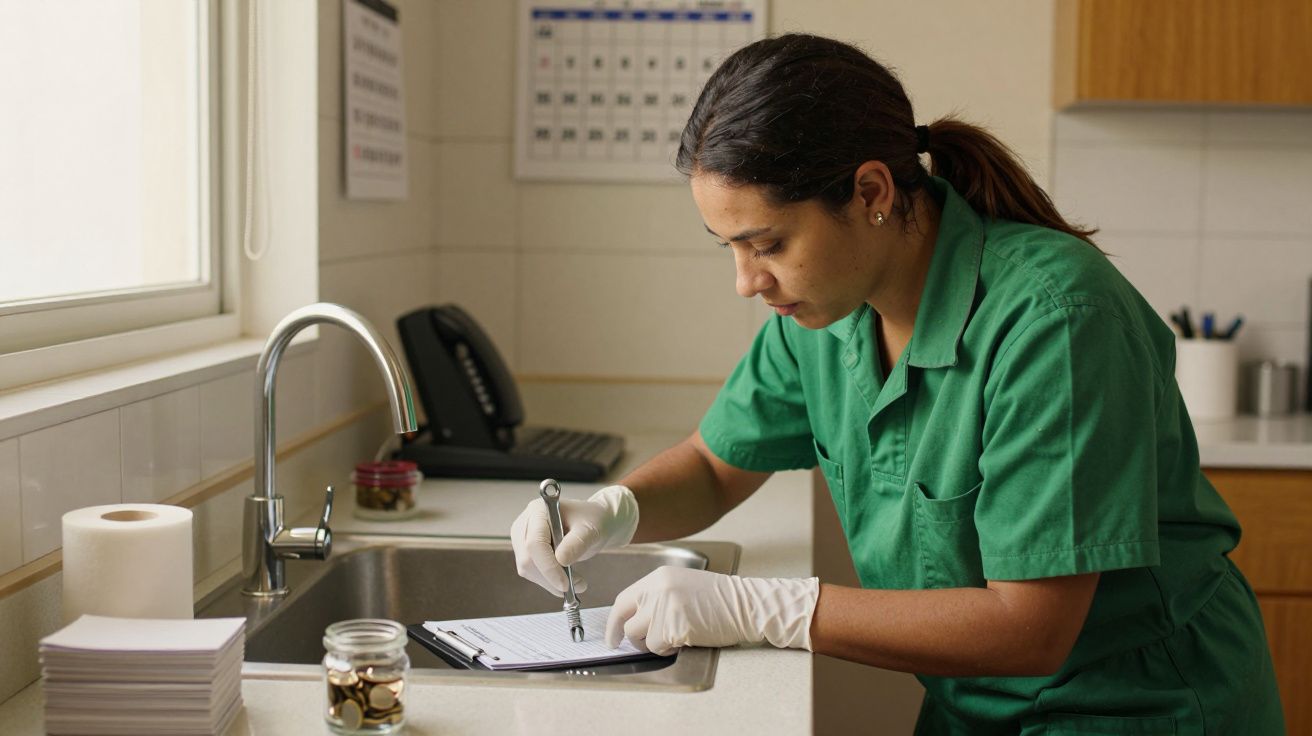 Funcionária em uniforme verde escreve numa prancheta perto de um lavatório numa cozinha, usando luvas brancas.